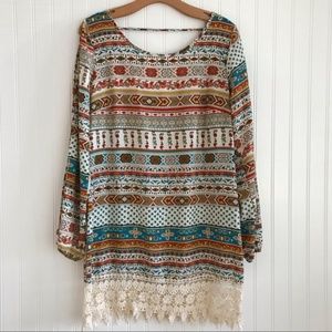 Olive Tree Colorful Boho Tunic Dress Crochet Hem Size S EUC